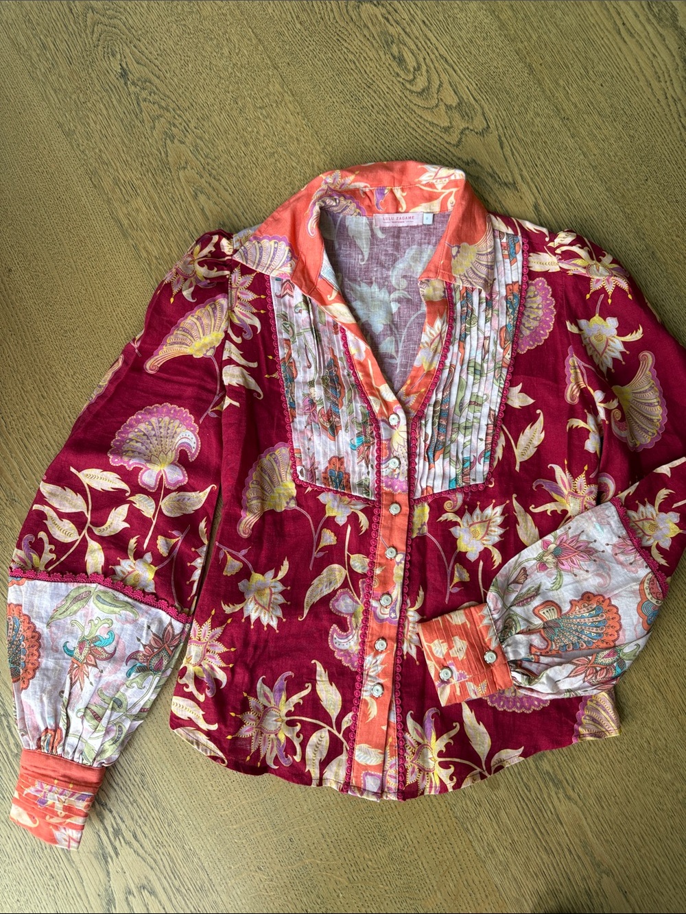 Floral Button-Front Blouse in Deep Raspberry and Coral